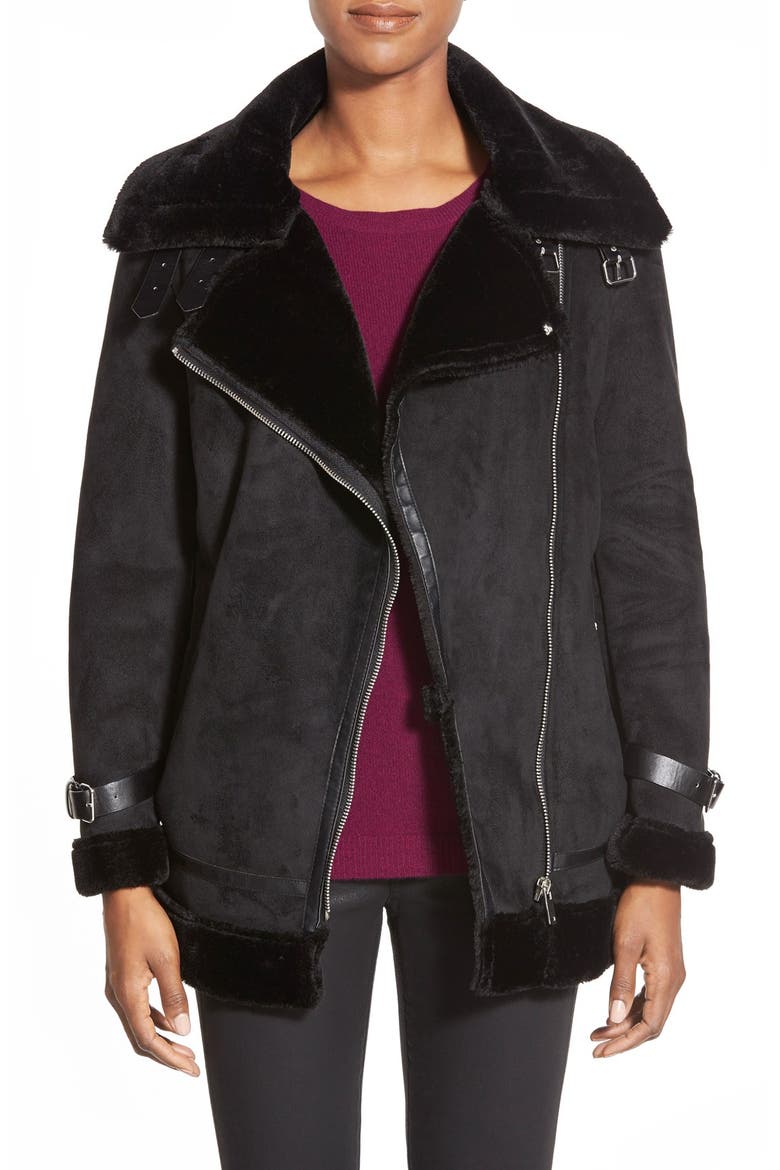 Laundry by Shelli Segal Faux Shearling Moto Jacket, Main, color, BLACK