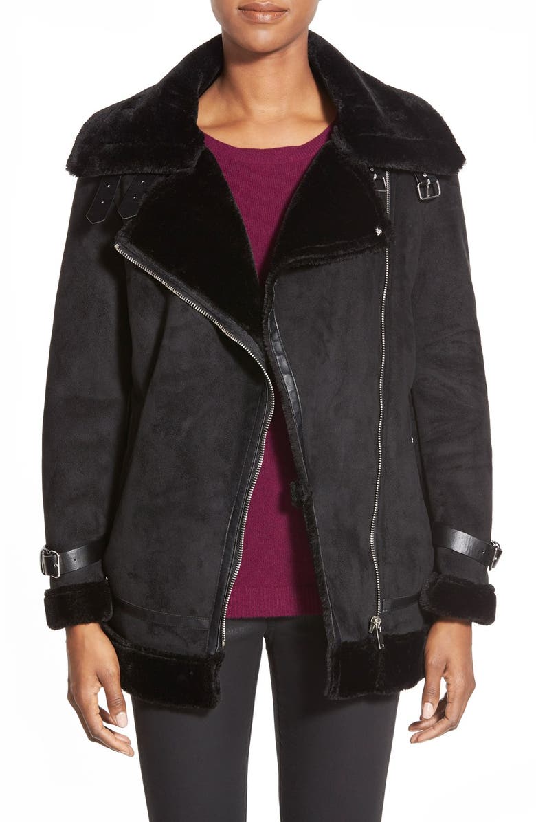Laundry by Shelli Segal Laundry by Shelli Segal Faux Shearling Moto Jacket, Main, color,
