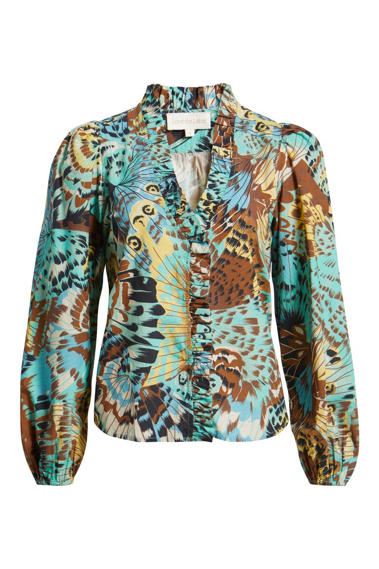 Zalda Ruffle Trim Cotton Button-Up Top, Alternate, color, BORN TO FLY PRINT