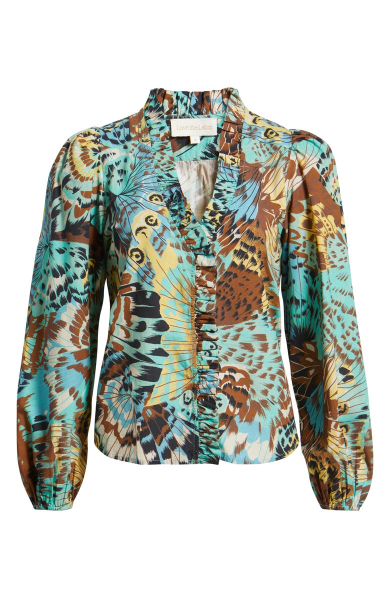 LOVE THE LABEL Zalda Ruffle Trim Cotton Button-Up Top, Alternate, color, Born To Fly Print