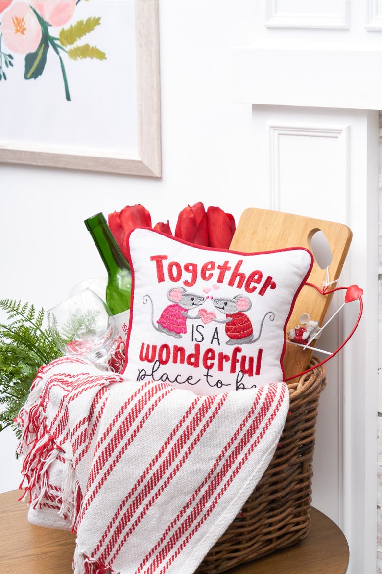 "Together Is A Wonderful Place to Be" Valentine's Day Mouse Cotton Blend Mini Accent Pillow 10" x 10", Alternate, color, White