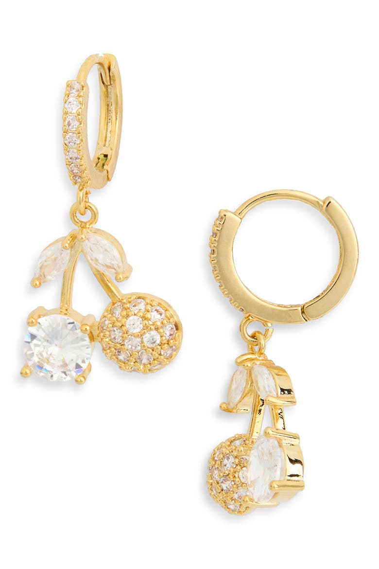 CZ Pavè Cherry Drop Huggie Hoop Earrings, Main, color, GOLD