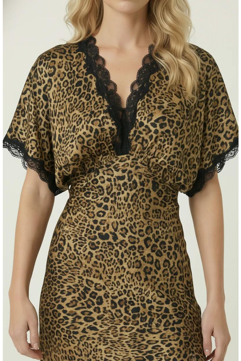 Leopard Print Lace-Trim V-Neck Side-Slit Maxi Dress, Alternate, color, Leopard Print