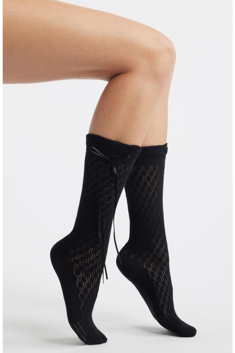 Charma Tie Pointelle Crew Socks, Main, color, BLACK