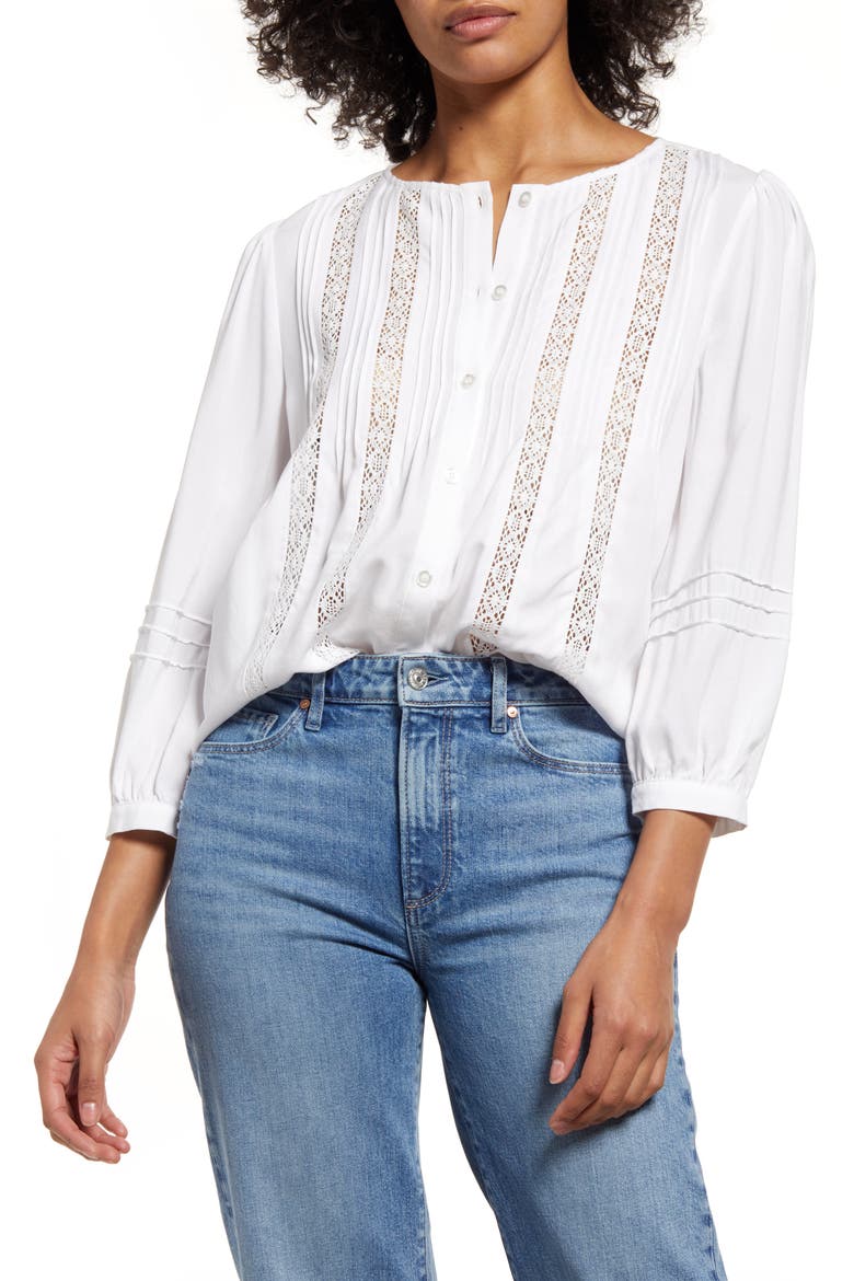 Lace Inset Pintuck Blouse, Main, color, WHITE