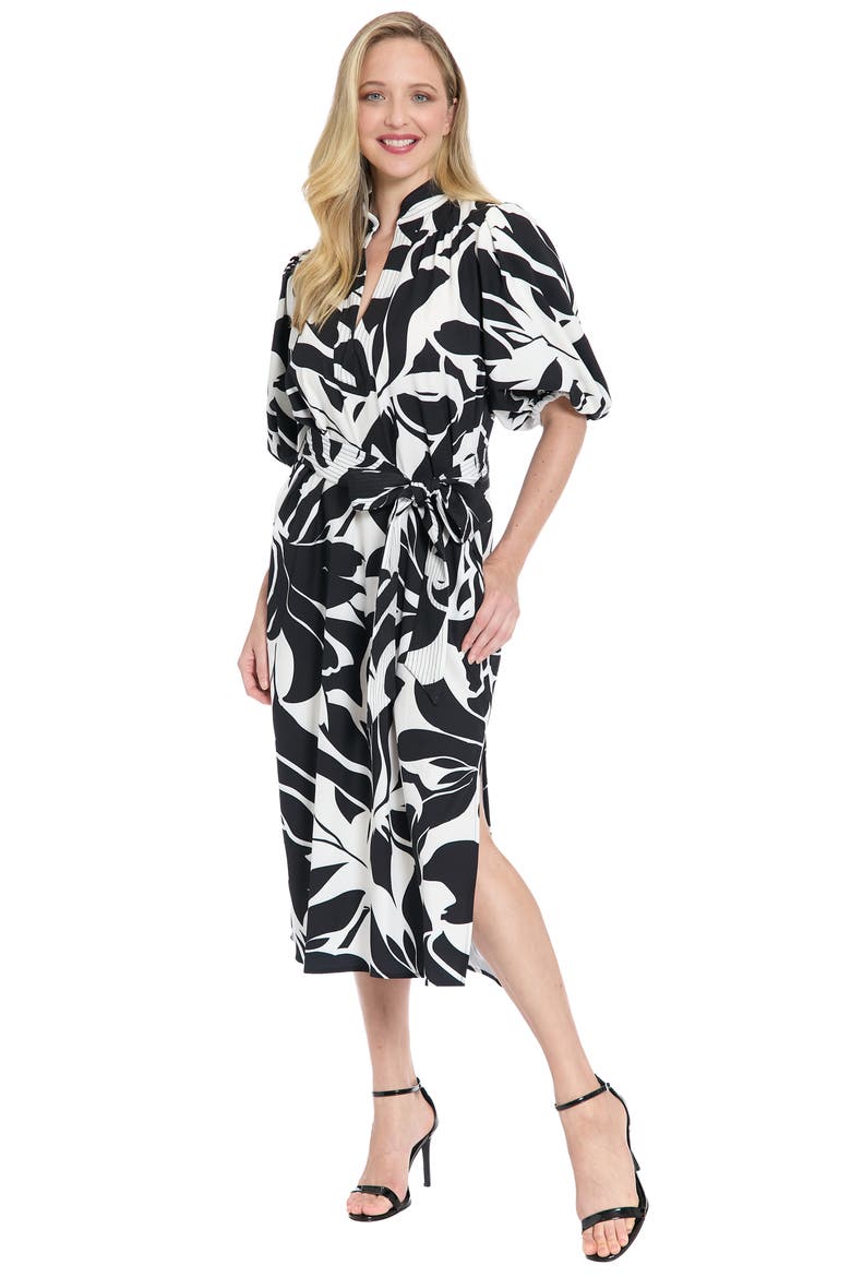 Tie Waist Split Neck Midi Dress, Alternate, color, WHITE/ BLACK