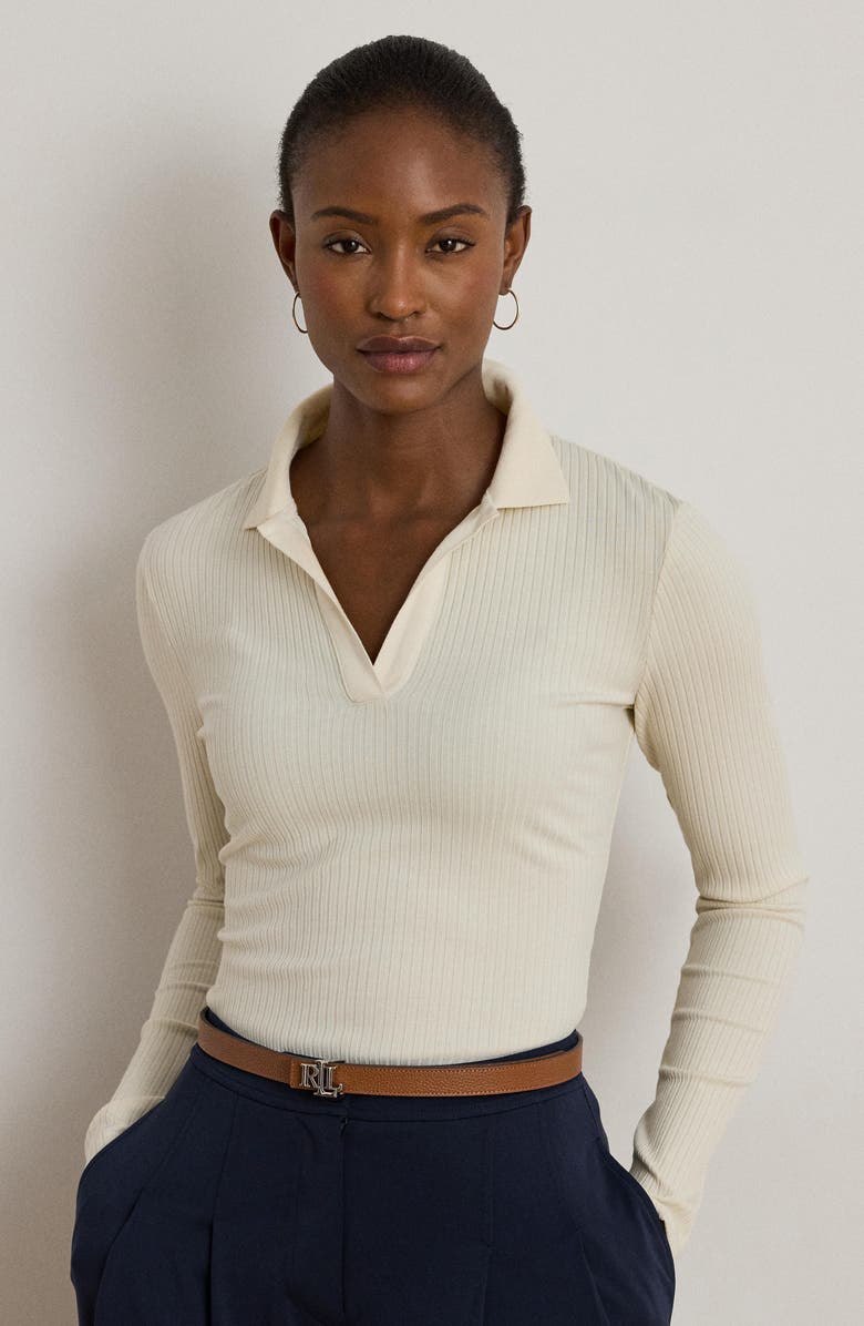 Lauren Ralph Lauren Rib Long Sleeve Polo Top, Alternate, color, Mascarpone Cream