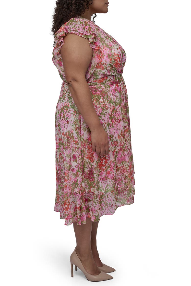 Double Flutter Sleeve Faux Wrap Dress, Alternate, color, IVORY/ AZALEA M
