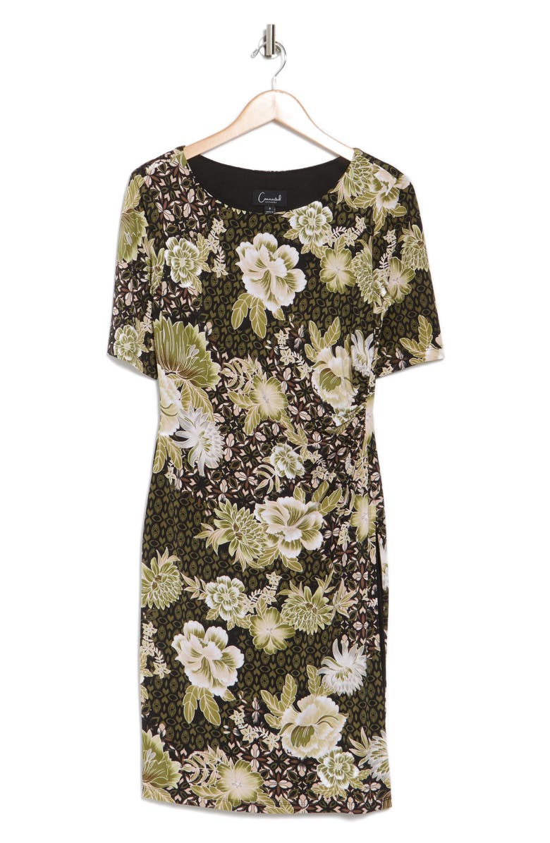 Connected Apparel Floral Short Sleeve Ruched Waist Dress, Alternate, color, Loden