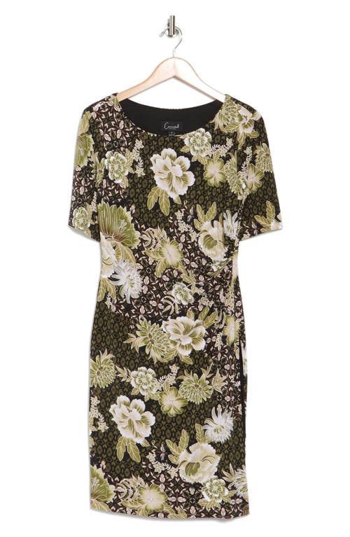 Connected Apparel Floral Short Sleeve Ruched Waist Dress In Multi