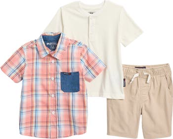 Kids' Henley T-Shirt, Short Sleeve Woven Button-Up Shirt & Drawstring Shorts Set