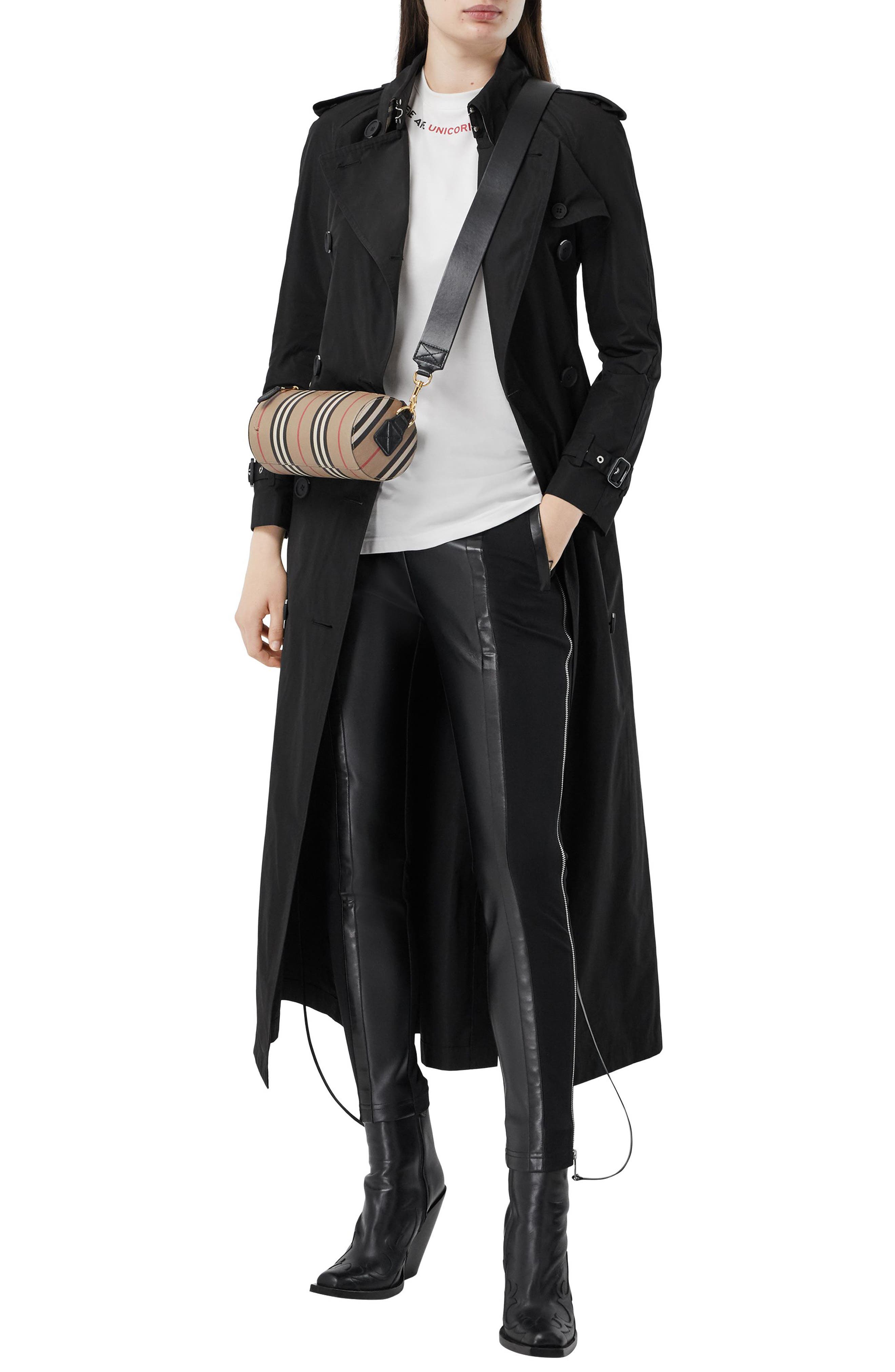 Burberry Icon Stripe E-Canvas & Leather Barrel Bag, Alternate, color, 