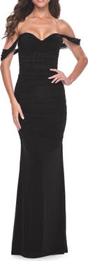 La Femme Off the Shoulder Net Jersey Dress with Ruching