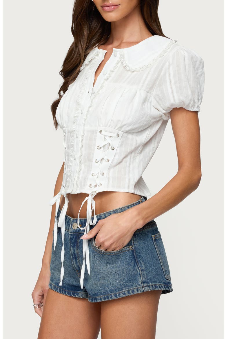 Valera Lace-Up Cotton Button-Up Shirt, Alternate, color, WHITE