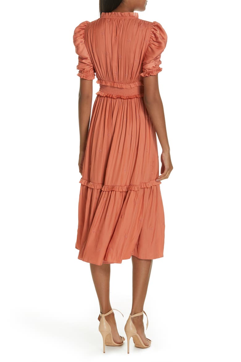Maya Embroidered Satin Midi Dress, Alternate, color, CORAL