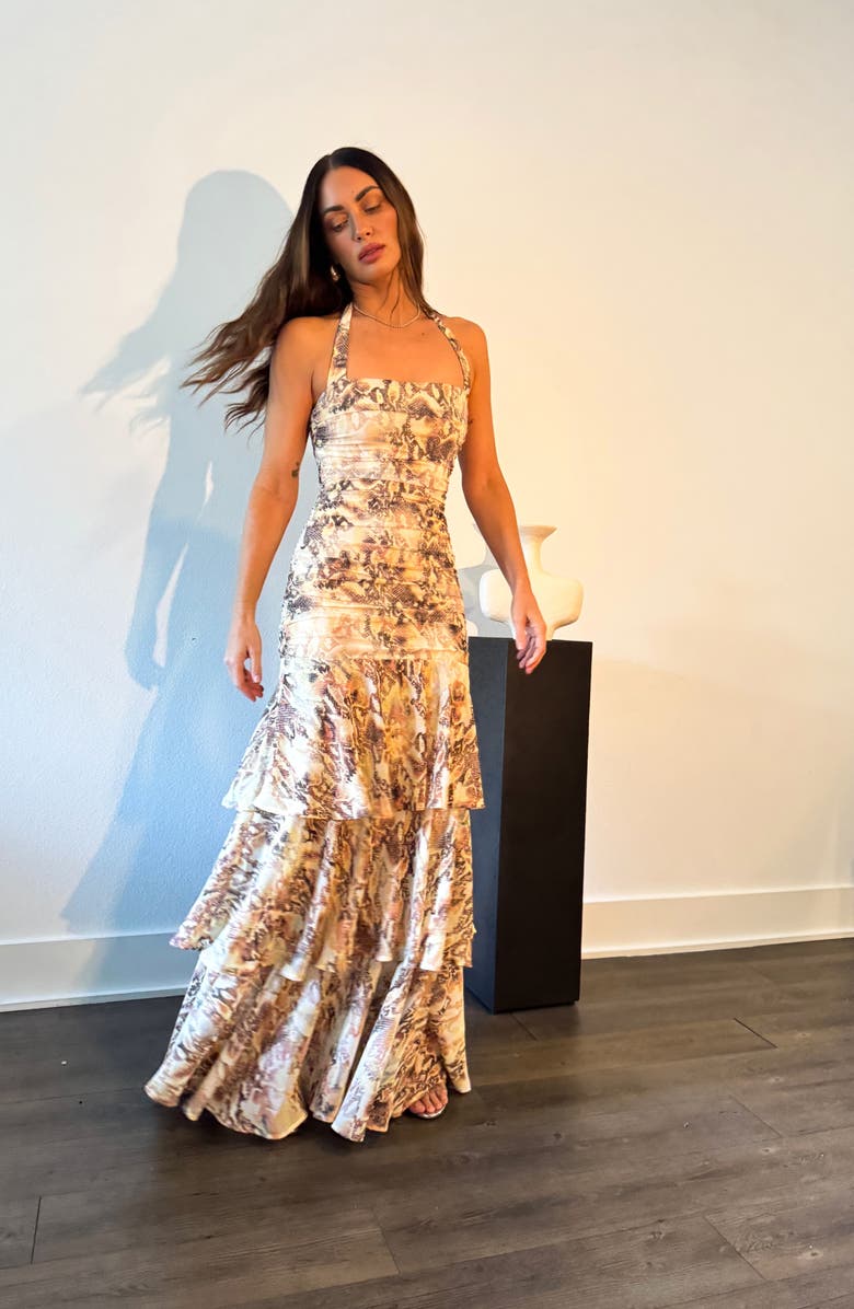AFRM Storm Snakeskin Print Tiered Halter Maxi Dress, Alternate, color, Shine Snake