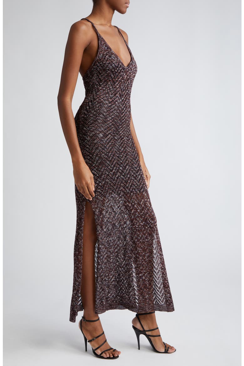 Scoop Neck Sleeveless Metallic Knit Chevron Maxi Dress, Alternate, color, BROWN TONES SPACE-DYED