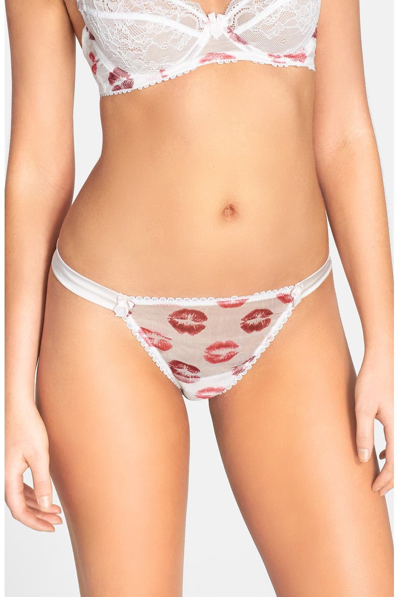 Lip Print Hipster Thong, Main, color, WHITE SILK/ RED LIP