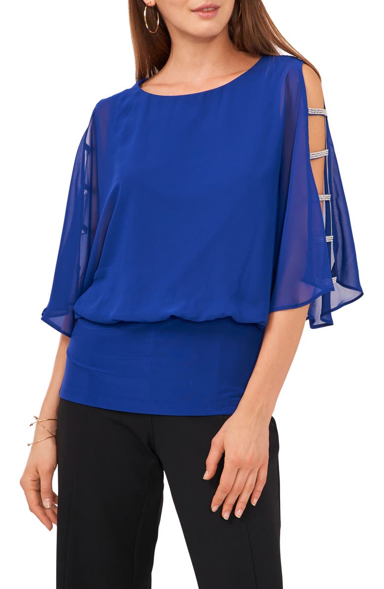 Chaus Split Sleeve Rhinestone Blouse, Main, color, Goddess Blue