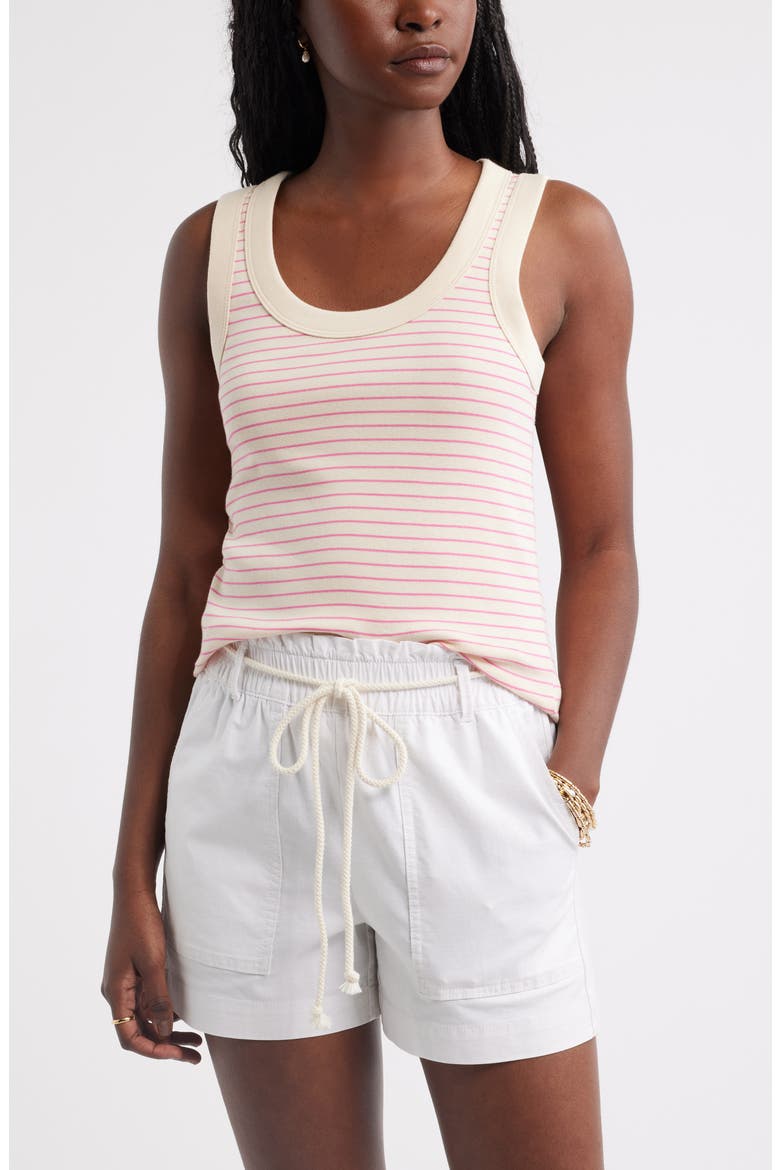 Scoop Neck Rib Cotton Tank, Main, color, BEIGE - PINK ALBA STRIPE