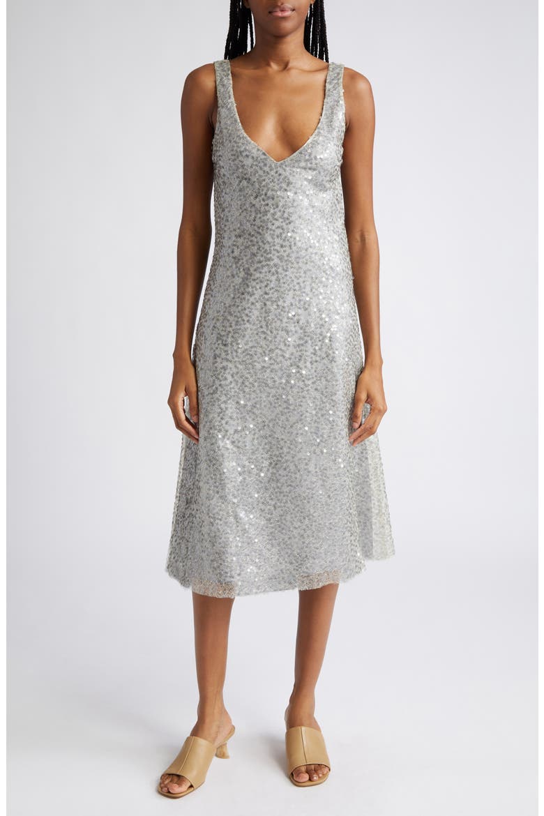Plunge Neck Sequin Silk Midi Slipdress, Main, color, SEA SLATE