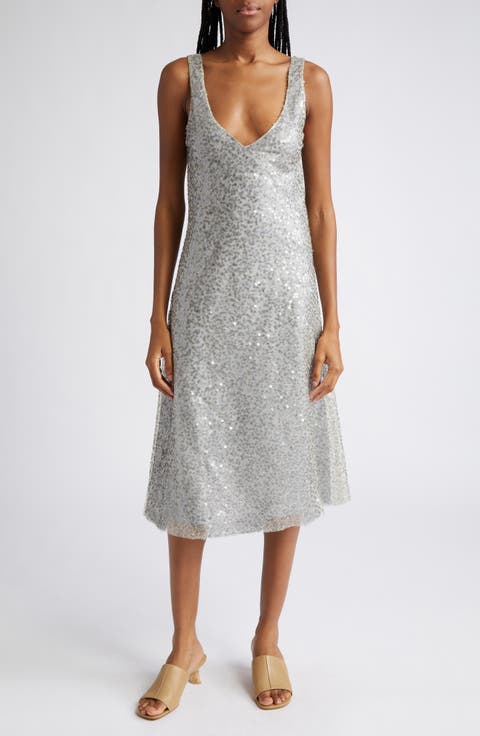 Plunge Neck Sequin Silk Midi Slipdress