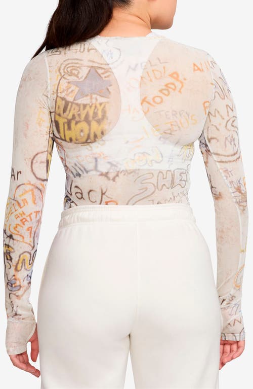 Jordan Print Sheer Long Sleeve Top In White