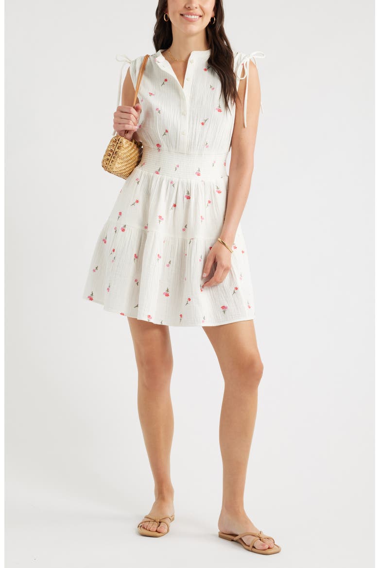 Floral Embroidered Sleeveless Cotton Gauze Dress, Alternate, color, IVORY- PINK TOSSED BLOSSOMS