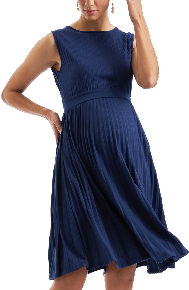 Ripe Maternity Knife Pleat Dress - Round Neck, Main, color, Blueprint