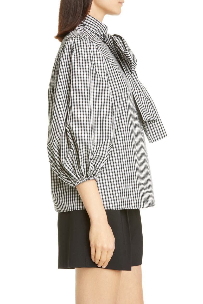 Tie Neck Puff Sleeve Gingham Blouse, Alternate, color, NERO