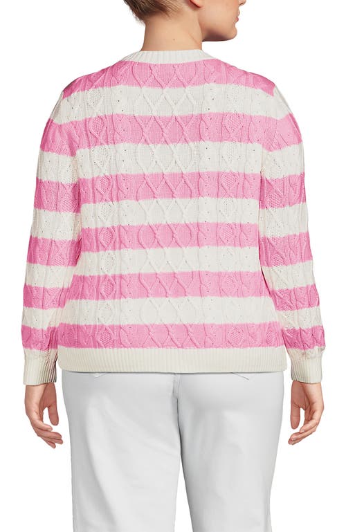 Lands' End Plus Size Aran Cable Crew Neck Sweater In Light Rose Pink Classic Stripe