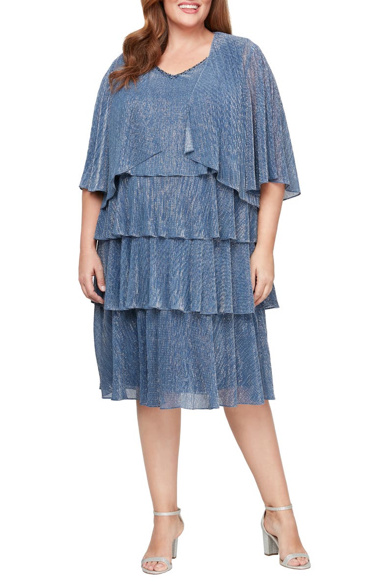 SL FASHIONS Tiered Metallic Cocktail Dress with Jacket, Main, color, Wedgewood