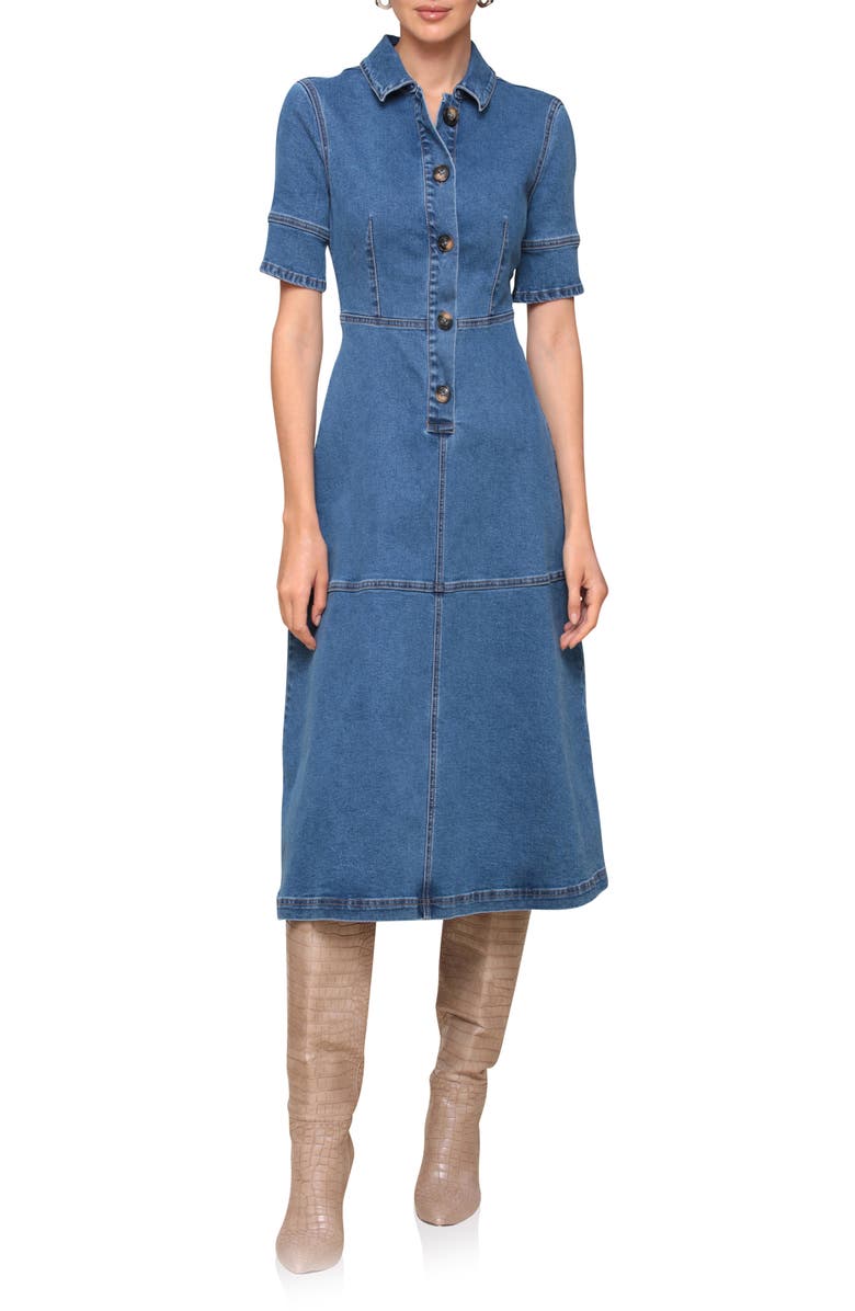 Avec Les Filles Denim Midi Shirtdress, Main, color, 