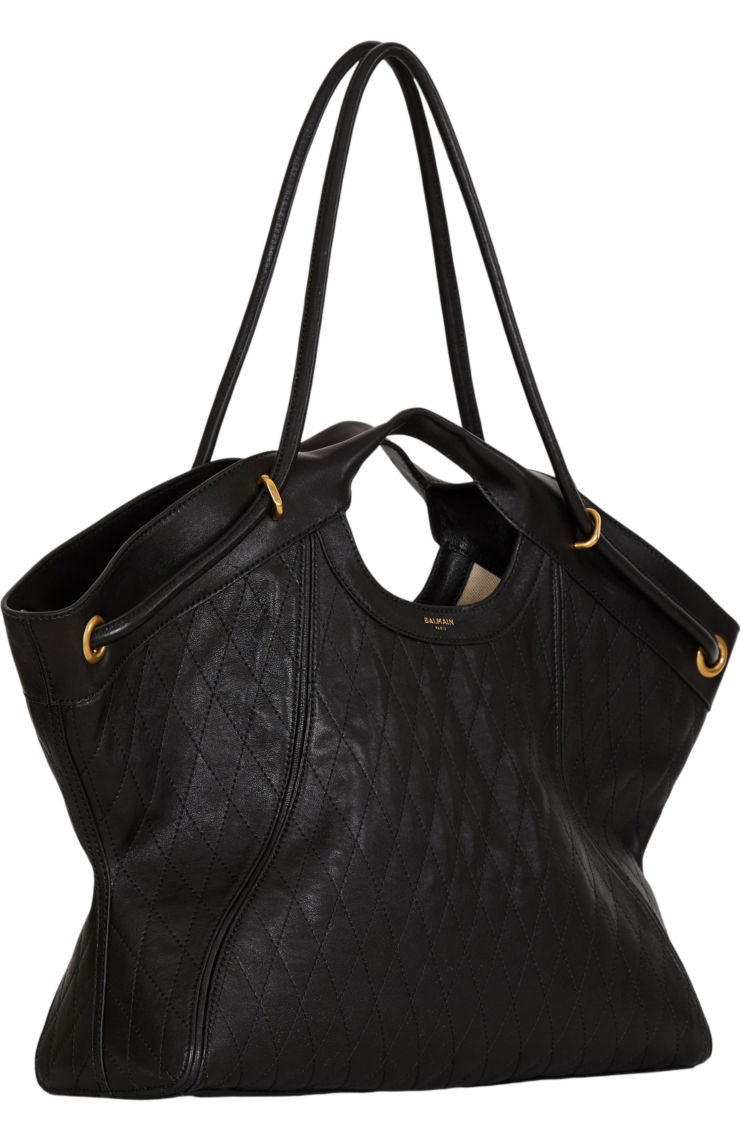 Large Tote in topstitched leather, Alternate, color, black