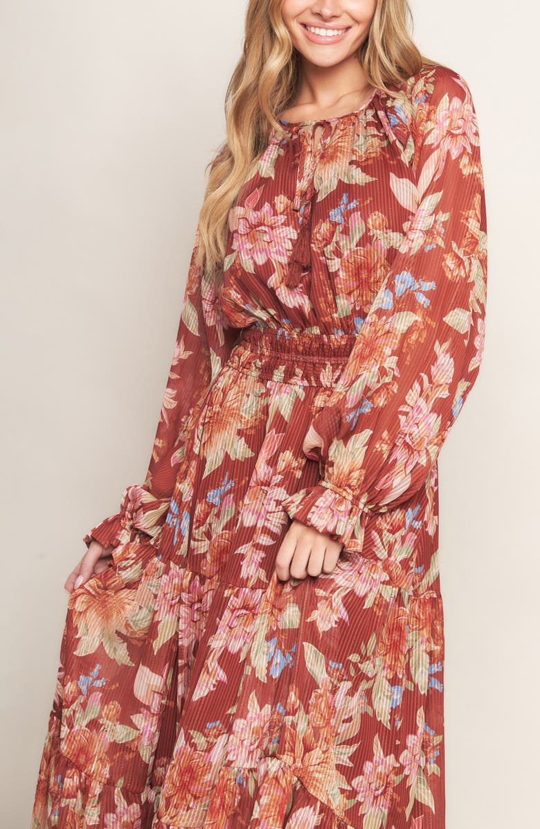 FLYING TOMATO Long Sleeve Tiered Midi Dress, Alternate, color, Brown