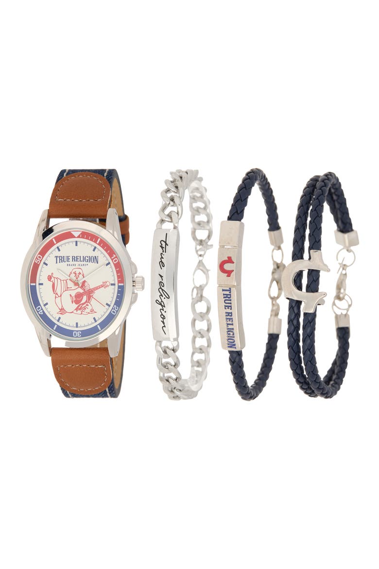 Buddha Denim & Faux Leather Strap Watch, 43.1mnm & Assorted Bracelets Set, Main, color, SILVER