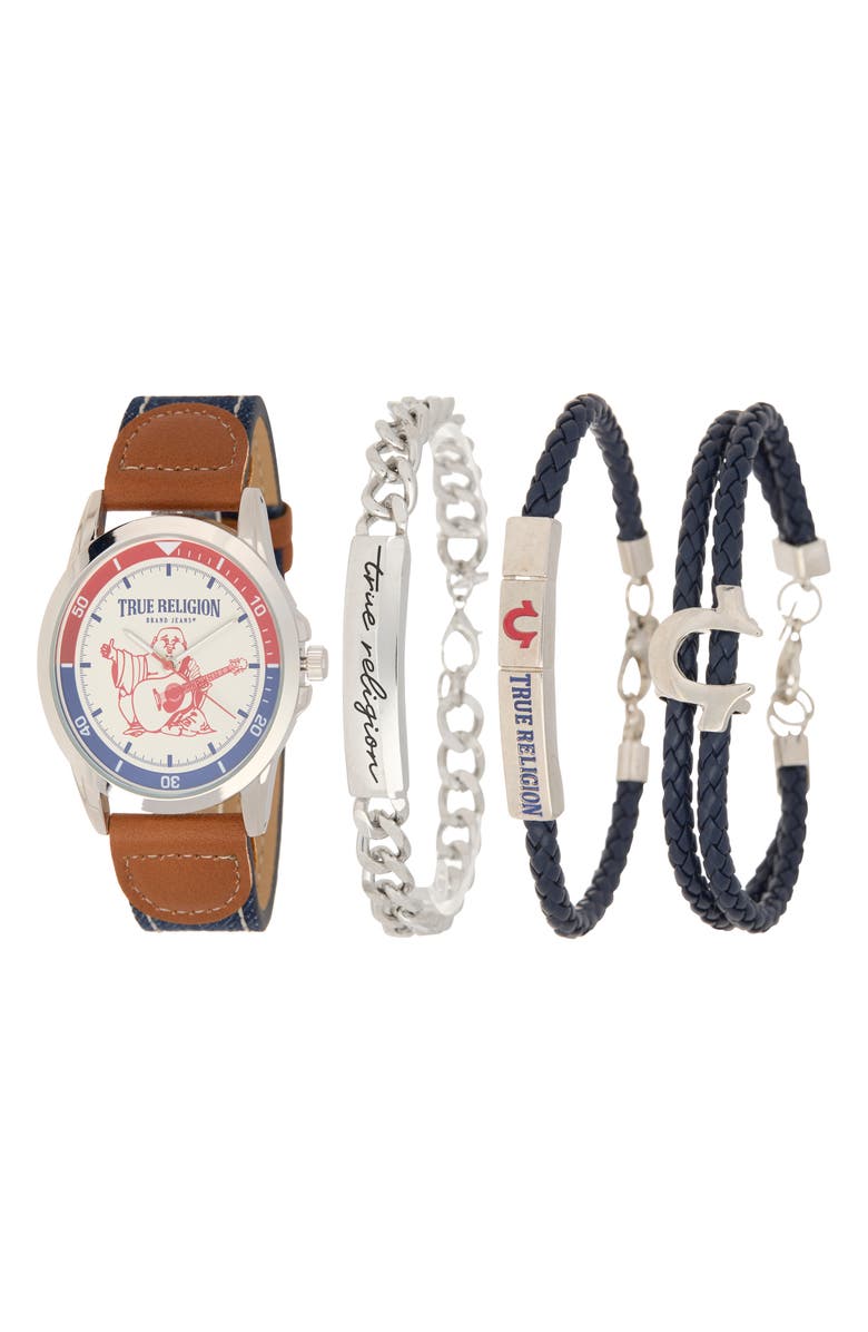 True Religion Buddha Denim & Faux Leather Strap Watch, 43.1mnm & Assorted Bracelets Set, Main, color, Silver