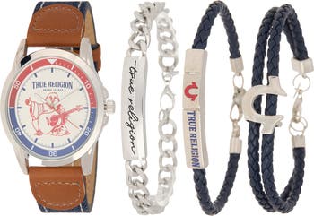 True Religion Buddha Denim & Faux Leather Strap Watch, 43.1