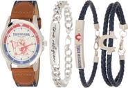 True Religion Buddha Denim & Faux Leather Strap Watch, 43.1mnm & Assorted Bracelets Set