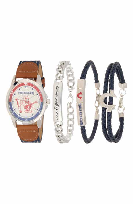True Religion Buddha Denim & Faux Leather Strap Watch, 43.1mnm & Assorted Bracelets Set