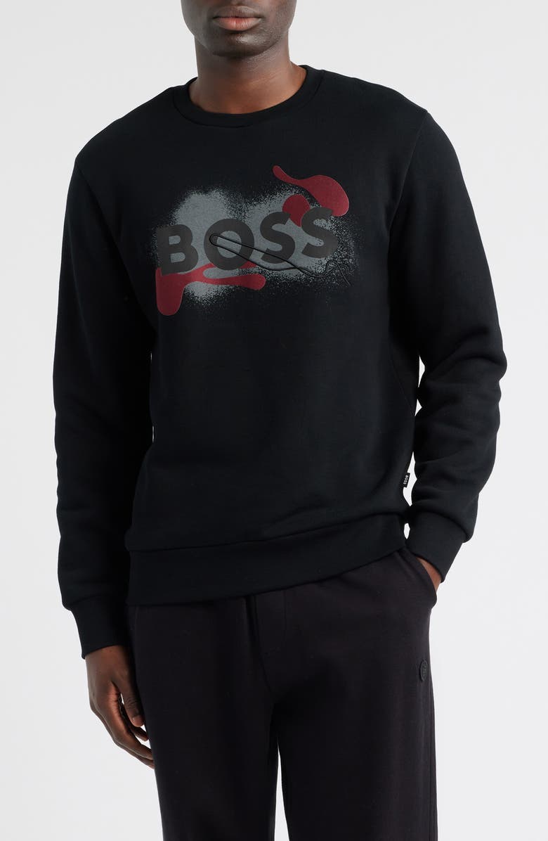 BOSS Soleri Abstract Graphic Cotton Fleece Crewneck Sweatshirt, Main, color, Black
