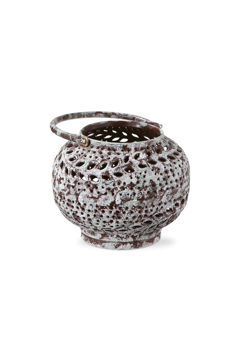 Sula Hand Pierced Round Lantern Candle Holder Patina Iron, Main, color, Brown