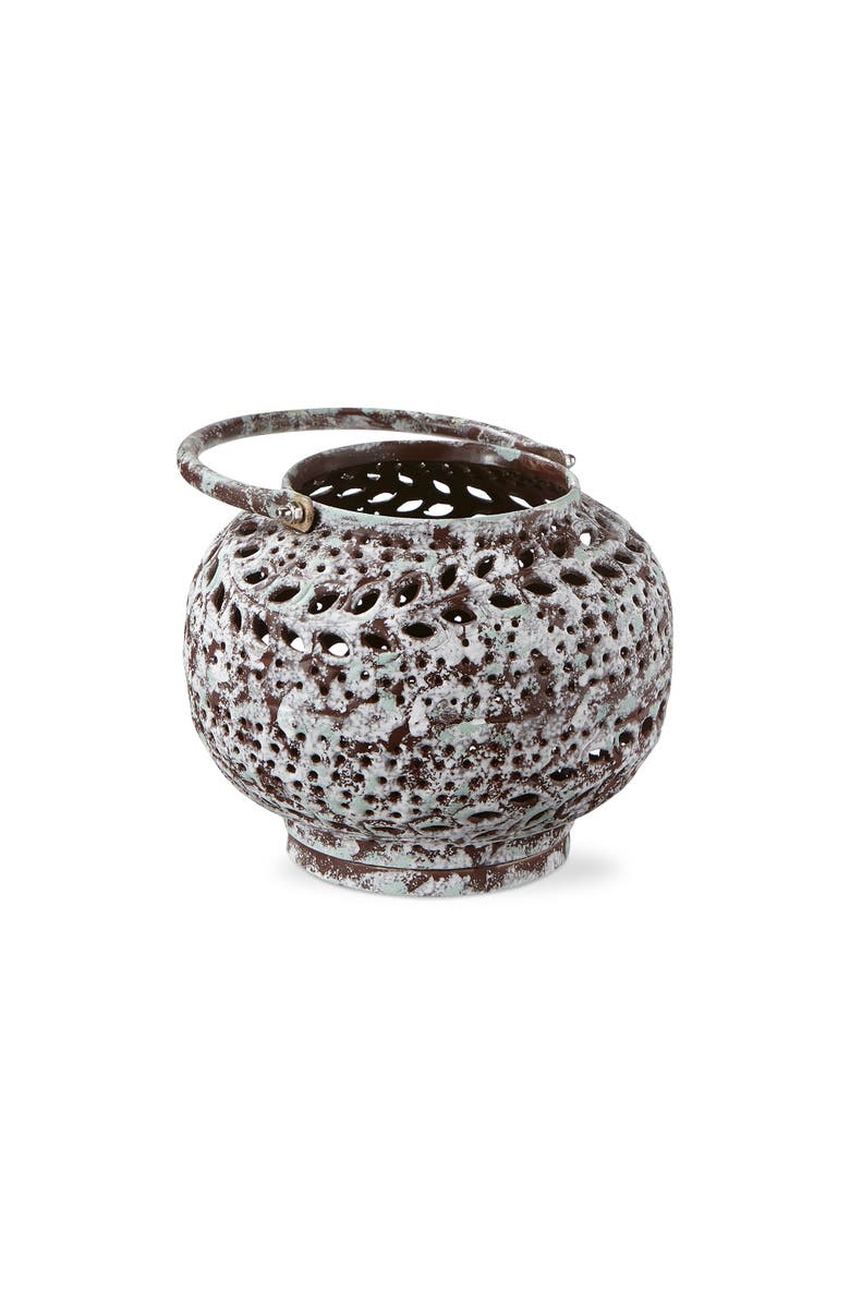 tag Sula Hand Pierced Round Lantern Candle Holder Patina Iron, Main, color, Brown