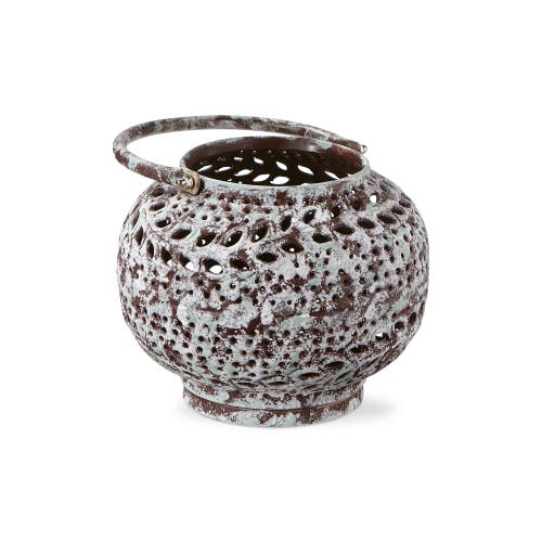 Tag Sula Hand Pierced Round Lantern Candle Holder Patina Iron In Brown