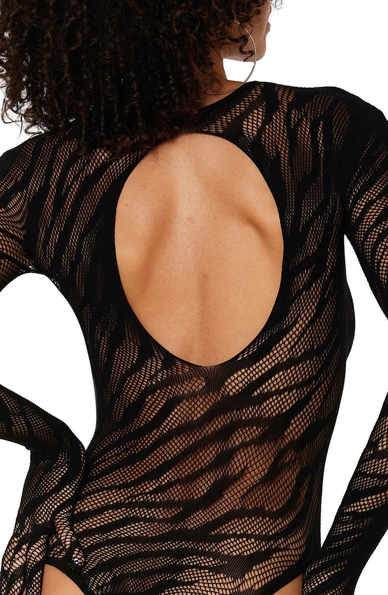 Dreamgirl Fishnet Glove Sleeve Teddy with Thigh High Stockings, Alternate, color, 