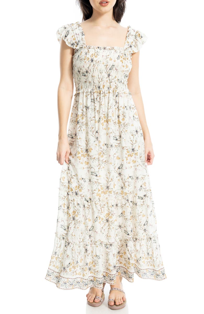 MAX STUDIO Smocked Tiered Maxi Dress, Main, color, Ecru/ Slate Pressed Lily