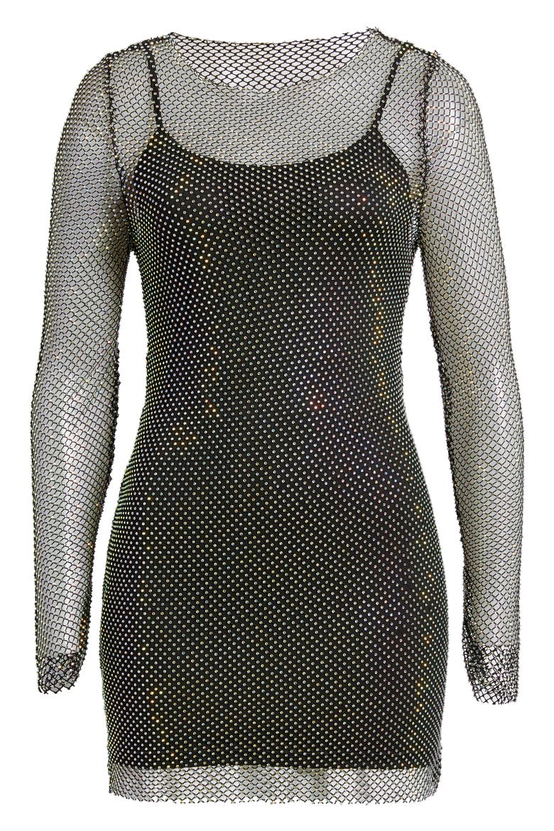 Sheer Beaded Long Sleeve Minidress, Alternate, color, BLACK