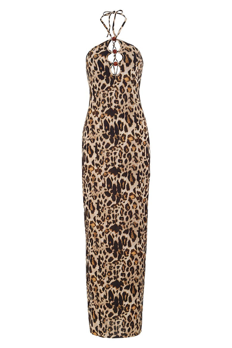 Elise Print Keyhole Halter Cover-Up Maxi Dress, Alternate, color, LEOPARD