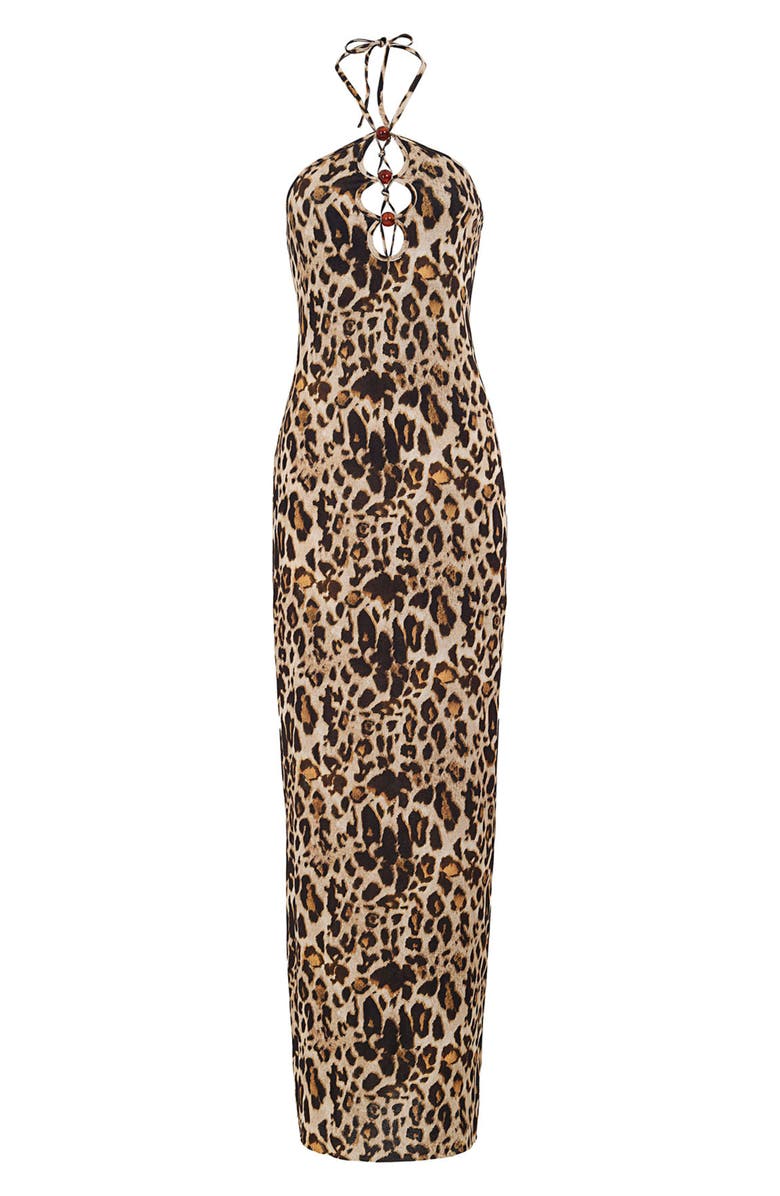 Agua Bendita Elise Print Keyhole Halter Cover-Up Maxi Dress, Alternate, color, Leopard