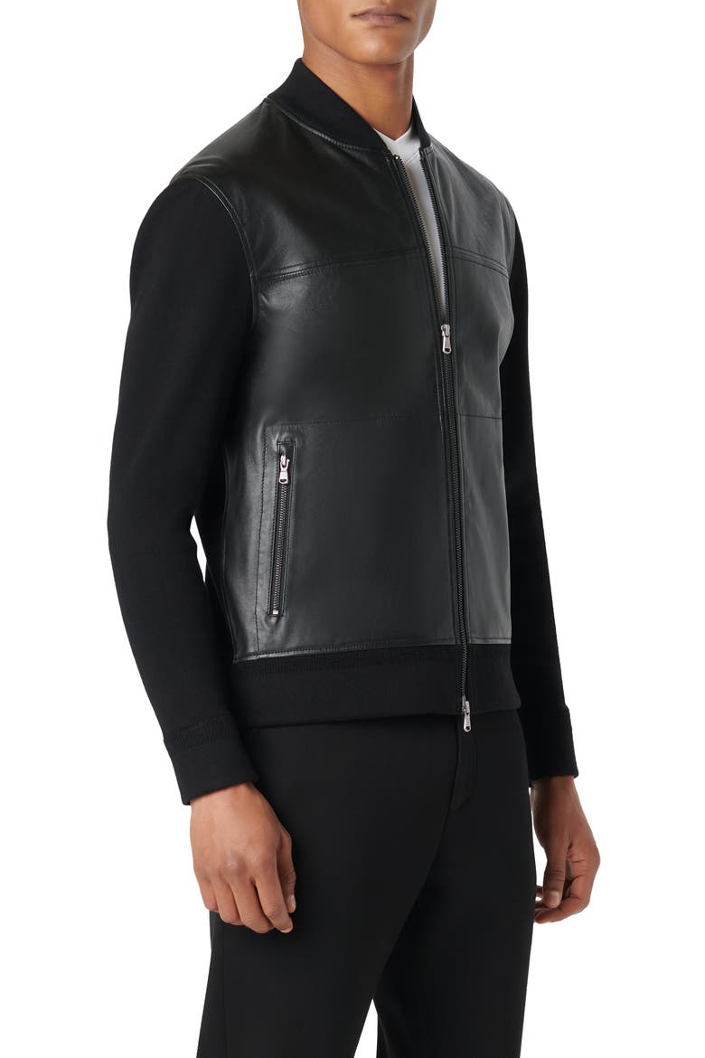 Leather Front Zip-Up Cotton & Cashmere Cardigan, Alternate, color, BLACK